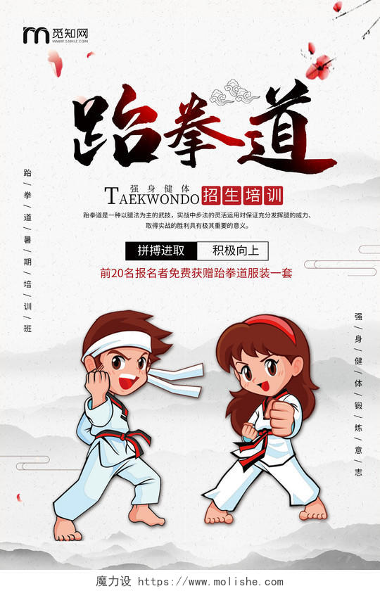 中国风暑假班跆拳道培训招生宣传海报